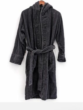 Tekla Charcoal Gray Terry Cloth Hooded Bathrobe Belted Women's Size Small